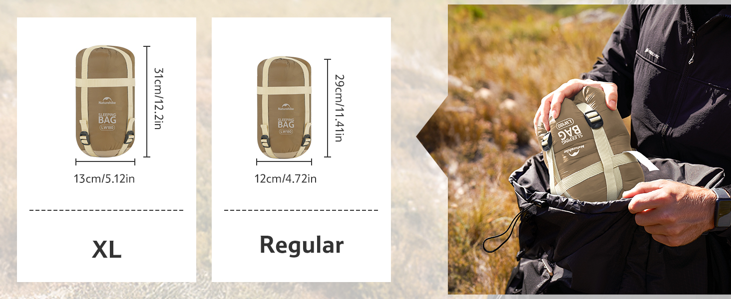 Спальний мішок Naturehike Ultraleicht: ультралегкий, 680/760г, для 3 сезонів, 190x75/205x85 см, для походів, рюкзаків, кемпінгу, 15°C, темно-коричневий/світло-коричневий-XL