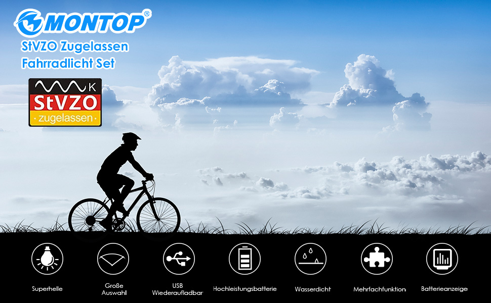 Набір світлодіодних ліхтарів для велосипеда MONTOP LITE-400 з USB-акумулятором, передня фара та задній ліхтар (StVZO), для дітей та дорослих