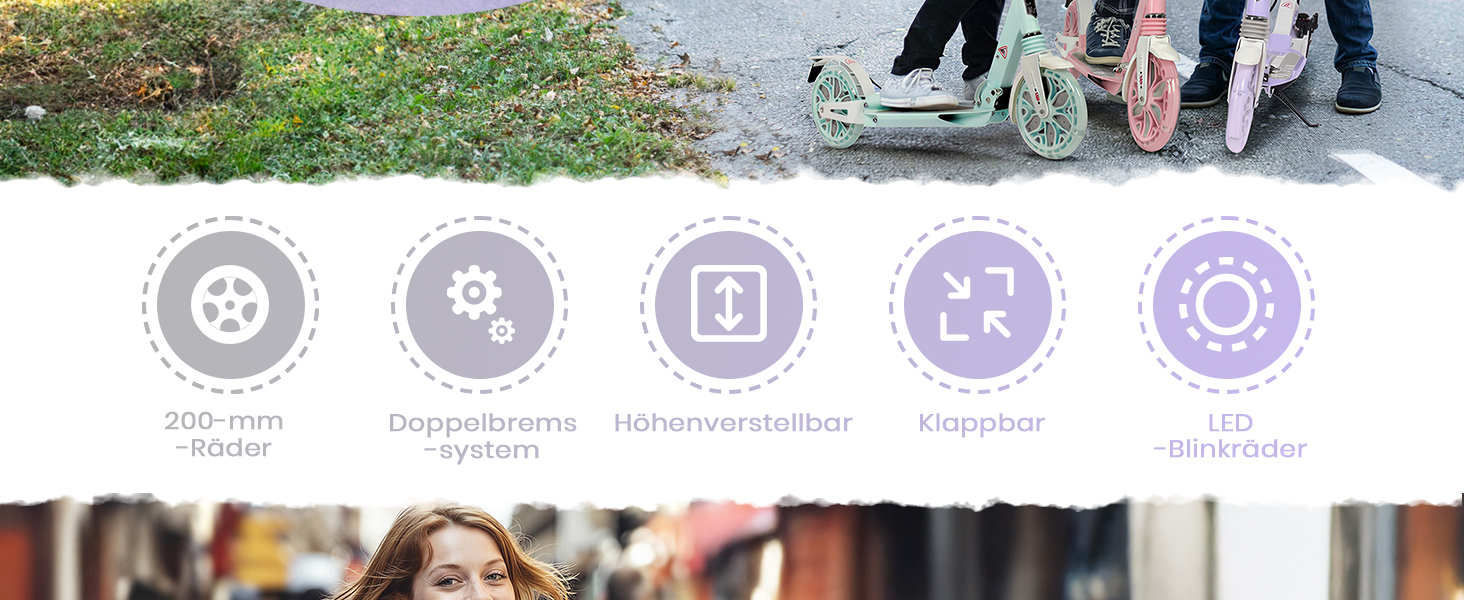Самокат трюковий Kickscooter LED-ліловий, колеса 200мм, для дітей 8-12 років та дорослих, з дисковими гальмами та подвійною амортизацією, складаний, з ременем для перенесення