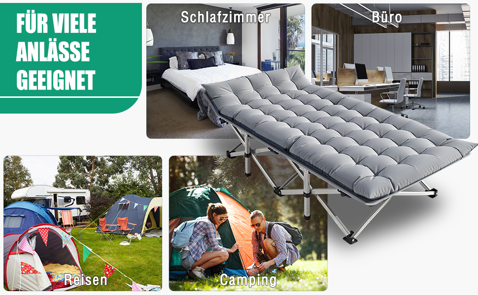 Велике розкладне ліжко з матрацом – 198x81x46 см, 400 кг, сталевий каркас, Oxford-тканина, для дорослих, сад, подорожі (Сірий)