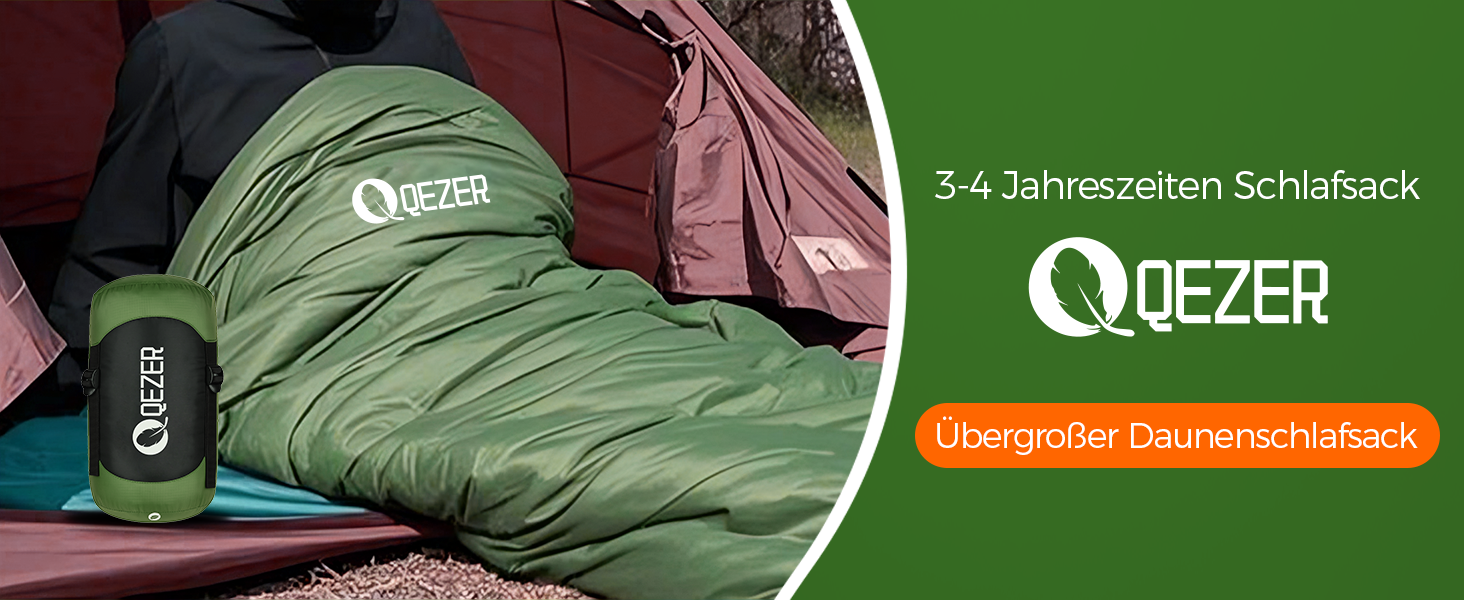 Сплячий мішок XXL з пуху на 3-4 сезони, 230x100 см, для дорослих, кемпінг, трекінг, подорожі (зелений)