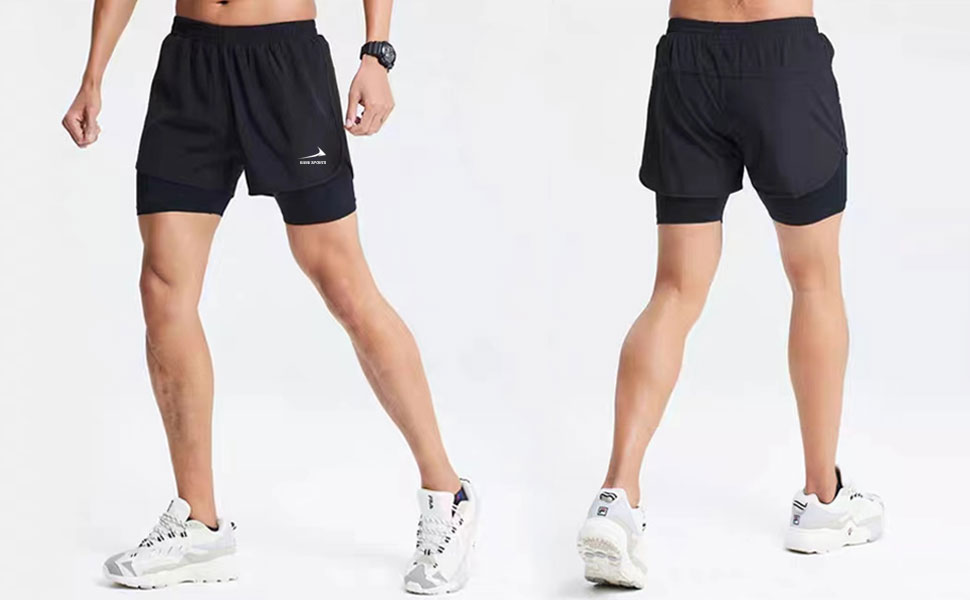 Чоловічі бігові шорти 2 в 1, спортивні шорти для тренувань, марафону, бігу на відкритому повітрі, чорного кольору / з петлею для рушника, XXL