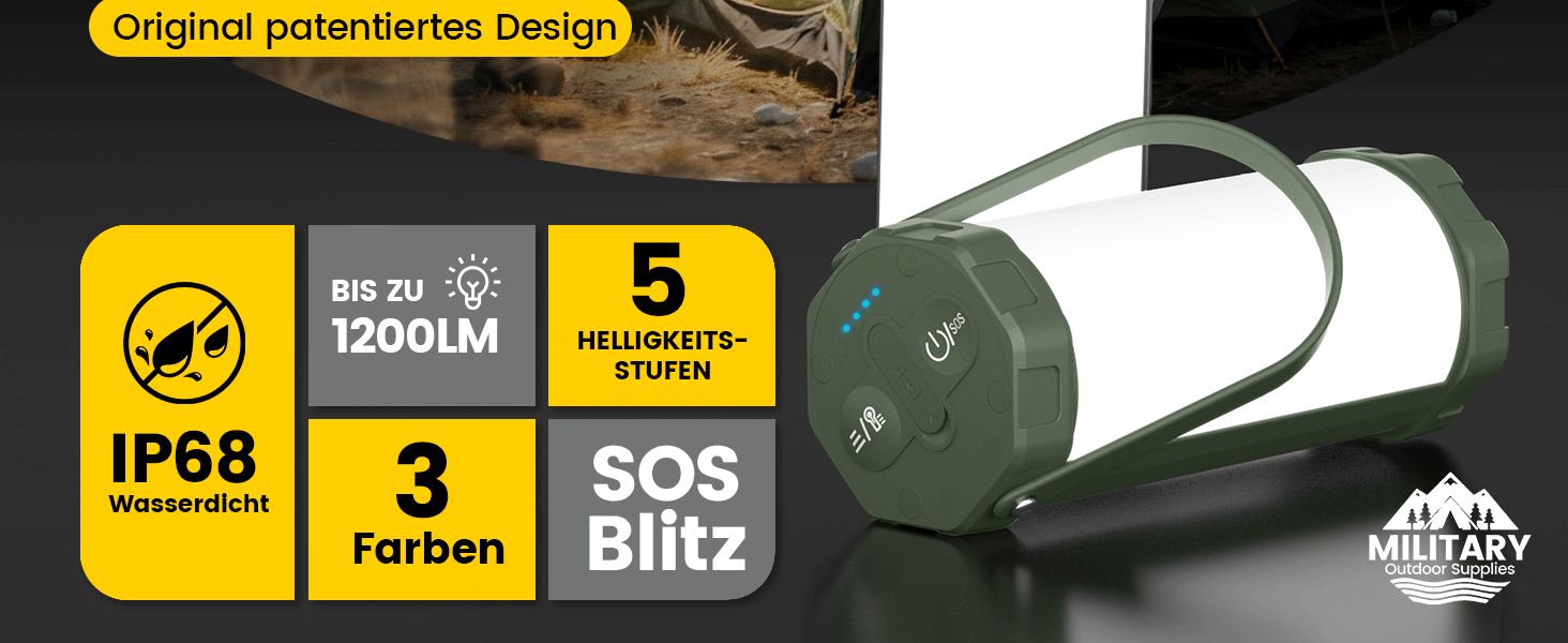 Ліхтар для кемпінгу Glocusent: 1200lm, водонепроникний IP68, 80 годин роботи, 5 режимів, SOS, з гумовим захистом та шнурком, сірий