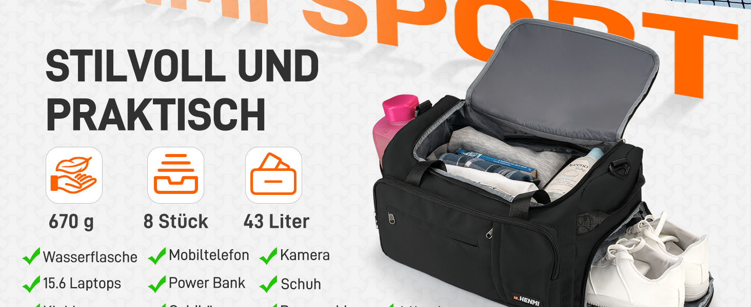 Спортивна сумка HENMI для залу та подорожей, 43 л, з відділенням для взуття та вологих речей, складана сумка для тренувань (Чорна)