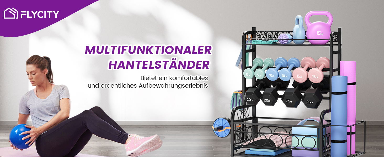 Стойка для гантелей, багаторівнева, з роликами та гачками, для гантелей, йога-матів, фасцій та гир, чорна, для дому