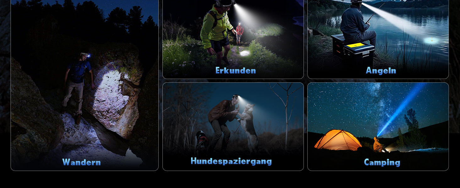 LED налобний ліхтар перезарядна суперяскравий 100000 люмен, кут огляду 90°, водонепроникний IPX7 для кемпінгу та активного відпочинку