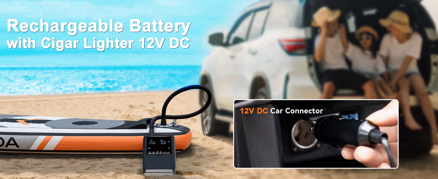 Електричний насос для SUP Mojimdo 20PSI з акумулятором, світлом та автовимкненням, 12V DC та USB-C, 6 насадок для SUP, каяків, наметів, матраців