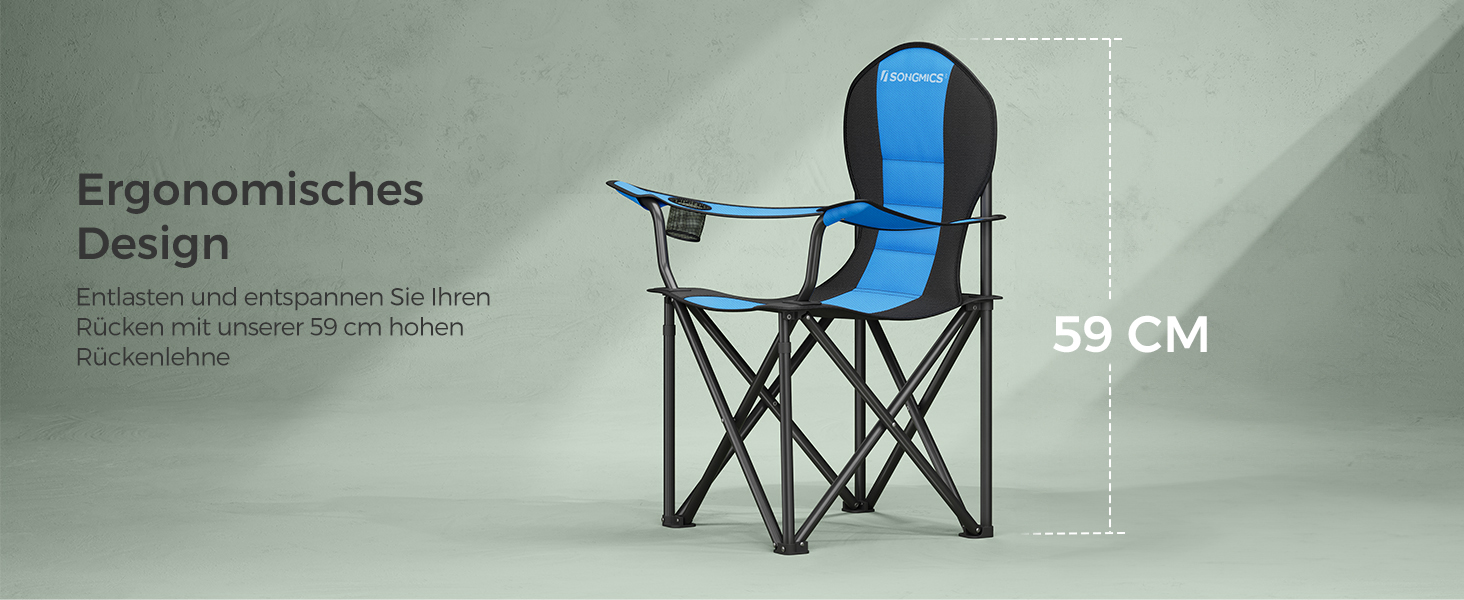 Крісло для кемпінгу SONGMICS, складане, з м'яким сидінням, 250 кг, блакитне та чорне