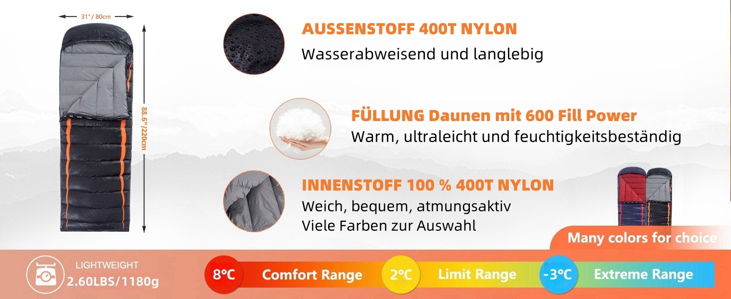 Спальний мішок пуховий, зимовий, преміум-якість 600FP+, 12°C -24°C, для кемпінгу, трекінгу та активного відпочинку, 3-4 сезони, темно-синій/червоний