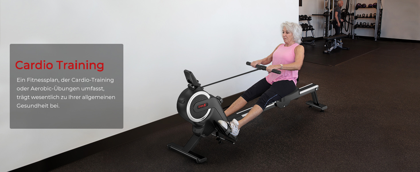 Дріпекс - тренажер для дому, бігова доріжка для веслування, до 160 кг, 16 рівнів опору, Bluetooth, LCD, тихий, чорний