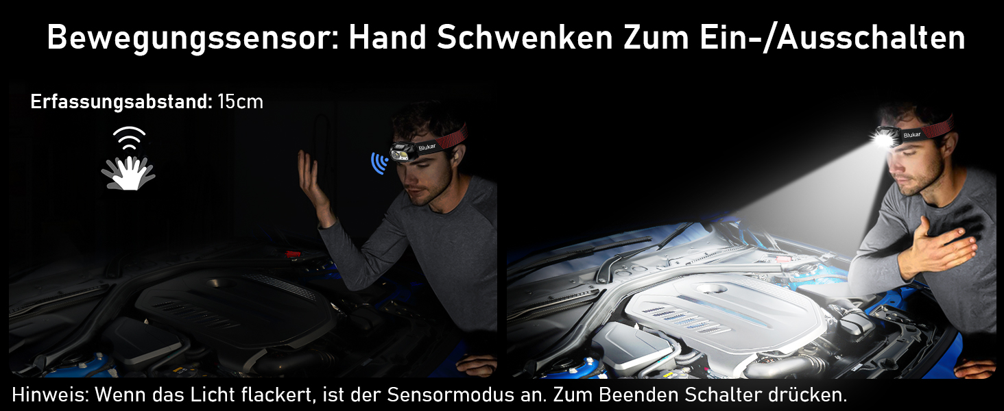 LED налобний ліхтар Blukar, 2 шт., надпотужний, з регулюванням яскравості, 8 режимів, сенсор, червоне світло, IPX5 водонепроникний, кут нахилу регулюється, для бігу, риболовлі - чорний
