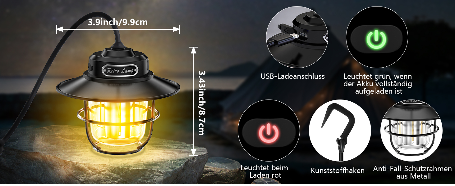 LED кемпінговий ліхтар: портативна налобний ліхтар для кемпінгу, риболовлі, з 4 режимами освітлення, регулюванням яскравості, водонепроникний (IP65), USB-зарядка, чорний