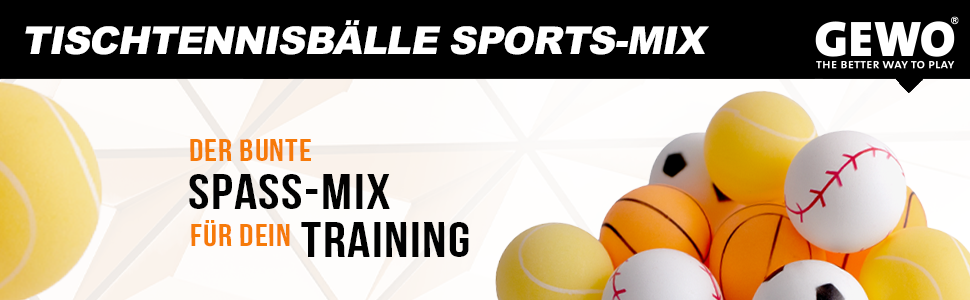 Набір тенісних м'ячів GEWO Sports-Mix для настільного тенісу - 12 кольорових м'ячів з пластику, діаметр 40+ мм, різні дизайни