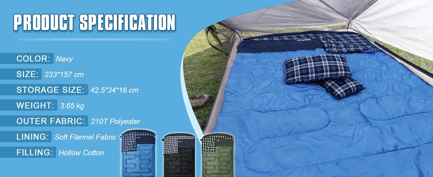 Спальний мішок для двох дорослих з флісу, зимовий, з подушками та сумкою для перенесення, 233*157 см (Блакитний)