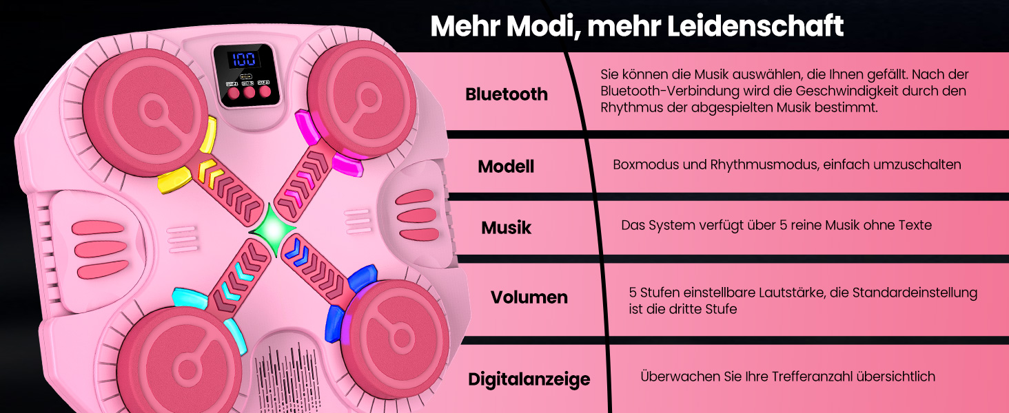 Дитяча боксерська машина з підсвіткою та музикою, Bluetooth, 5 швидкостей, 2 режими тренування, підрахунок ударів, кріплення на стіну (Рожева)