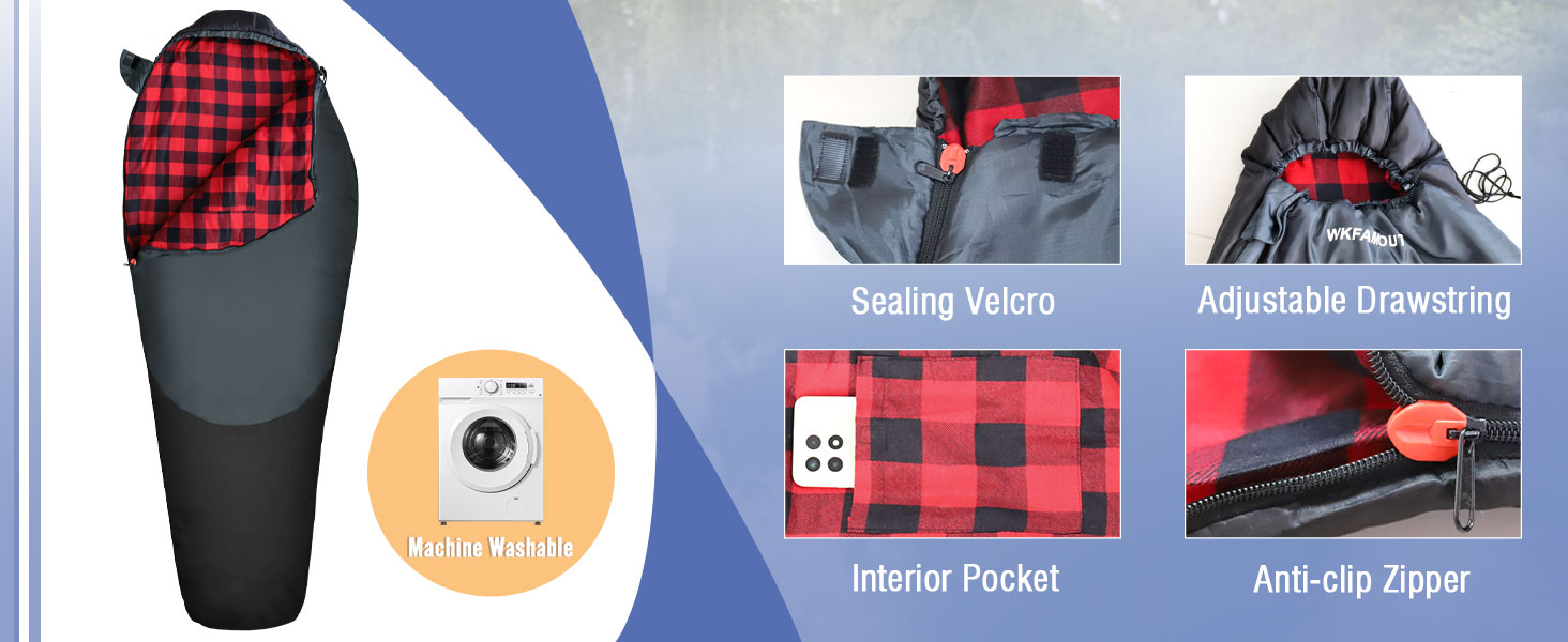 Спальний мішок WKFAMOUT Mumienschlafsack Outdoor -12°C-0°C, 500GSM, фліс, 3-4 сезони, для дорослих та дітей, чорний