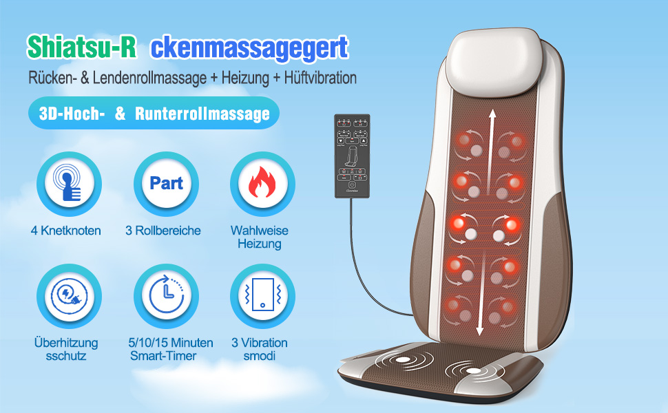 Масажер для спини Shiatsu з підігрівом, масажне крісло для зняття стресу, глибокий масаж-кнесінг та ролики, 2 вібраційні мотори, масажер спини, талії та стегон, PU-шкіра, з 2 блоками живлення, білий