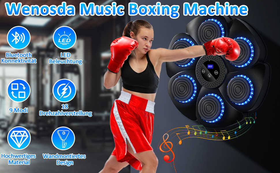 Музична бокс-машина Wenosda з Bluetooth: тренування та розваги для дорослих та дітей. 9 функцій, 18 швидкостей, з рукавичками.