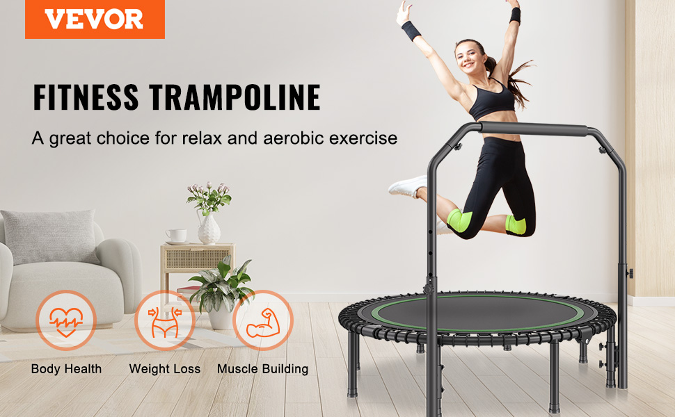 Міні-трамплін VEVOR для фітнесу та ребаунду, діаметр 1295 мм, вантажопідйомність 205 кг, з регульованим руків'ям та 42 ременями