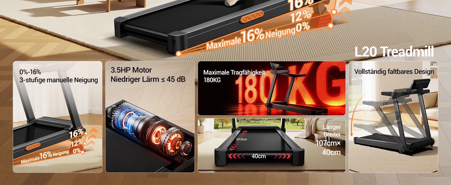 Бігова доріжка для дому LONTEK: складана, з нахилом 16%, швидкість до 14 км/год, мотор 3.5 к.с., пульсометр, LED-дисплей, макс. навантаження 180 кг, чорна