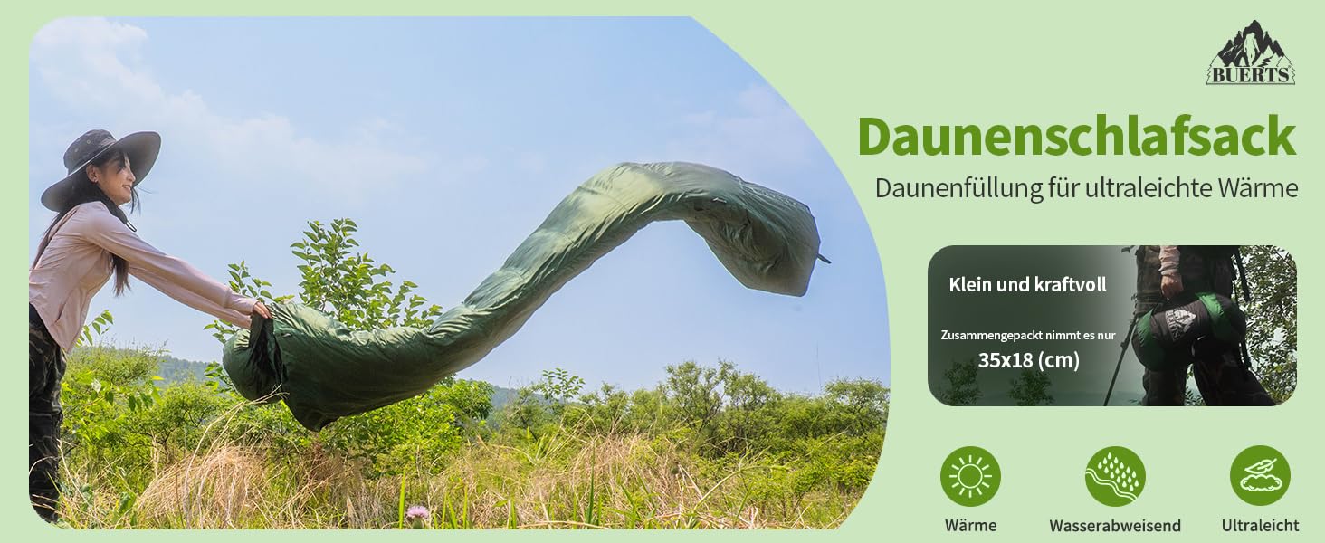 Спальний мішок BUERTS Daunen Summer, 620FP, компактний, для дорослих та підлітків, кемпінг, походи, активний відпочинок. З компресійним мішком. Температура комфорту: 16°C (зелений 5°C)