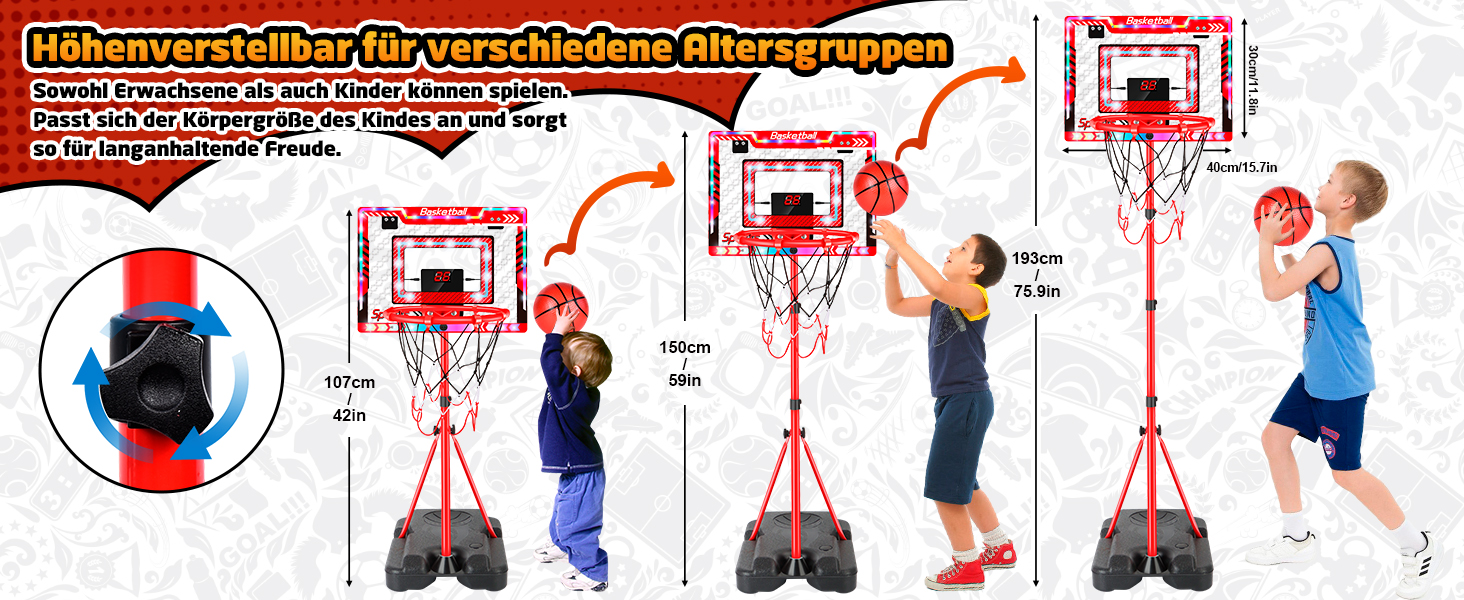 Дитячий баскетбольний кошик, регульована висота 105-183 см, з м'ячем та табло, для хлопчиків та дівчаток