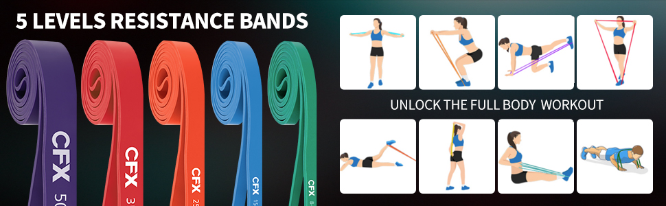 Фітнес гумки CFX: 8 шт. з дверним кріпленням, сумкою та інструкцією для фітнесу, розтяжки, йоги та силових тренувань