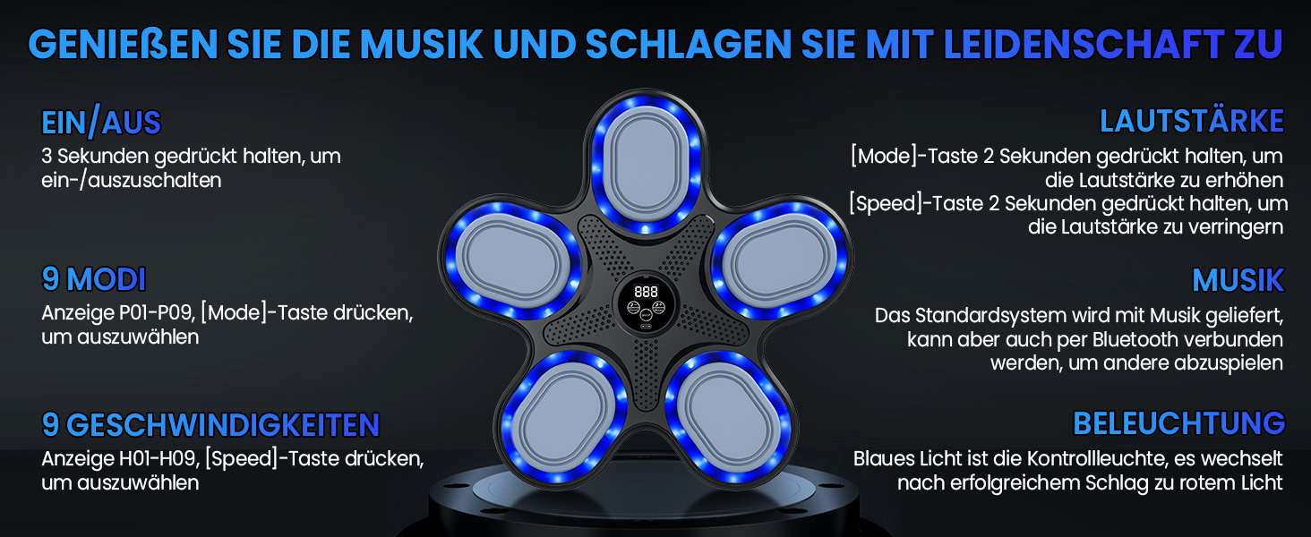 IERAKOR Музична бокс-машина з рукавичками, LED, Bluetooth, 9 швидкостей, 9 режимів, лічильник, електронна розумна бокс-машина для дітей