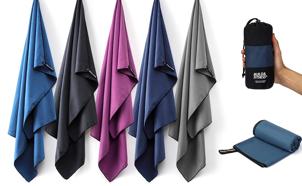 Рушник мікрофібра Build & Fitness: Швидковисихаючий, компактний, надзвичайно поглинаючий, легкий. Ідеальний для подорожей, пляжу та спорту (180x90 см, темно-синій)