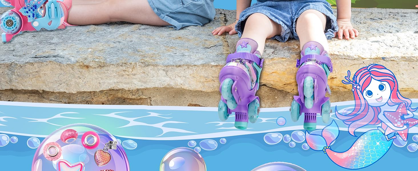 Дитячі ролики Meerjungfrau для дівчаток, 4 розміри, регульовані, з підсвічуванням, 3 колеса, рожеві