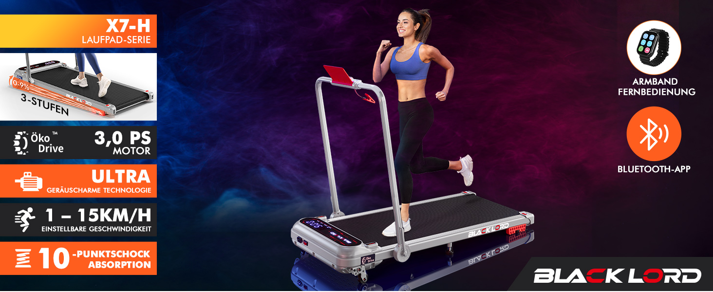 Електричний біговий тренажер BLACK LORD з нахилом 9%, 3.2 PS, Walking Pad 4-в-1 для дому та офісу, 12 програм, динамік, 140 кг