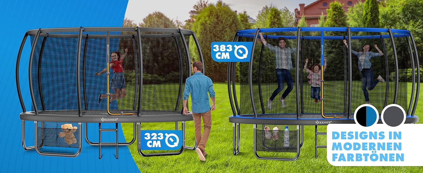 Батут KESSER® Outdoor Ø 244/305/366/427 см з сертифікатом GS, для дітей та дорослих (до 150 кг) з захисним сітком, сумкою, сходами, захисним бортиком та м'якими стійками сітки, антрацит