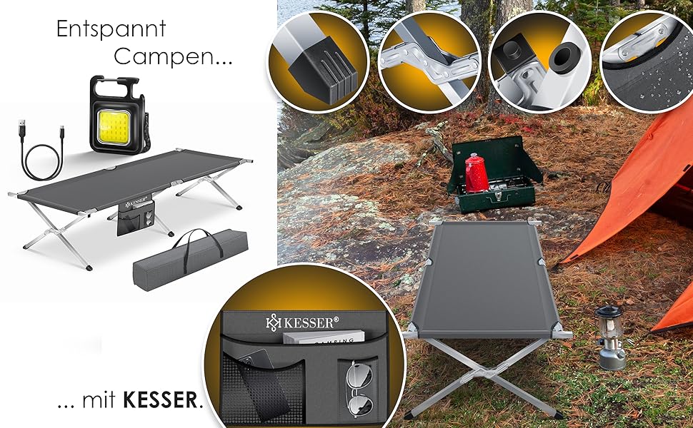 Кемпінгове ліжко KESSER® розкладне, з сумкою, ліхтарем та кишенею, 190/210 см, металевий каркас, 150 кг, 600D Oxford