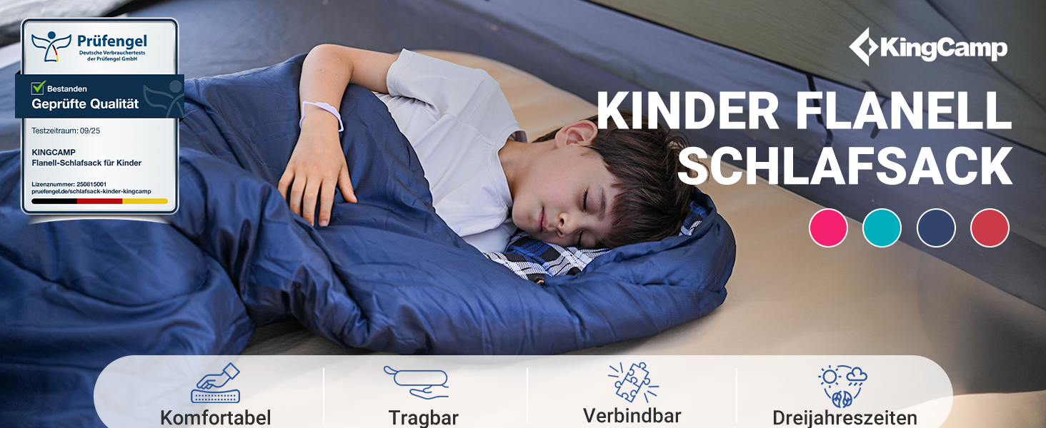 Спальний мішок дитячий KingCamp Flannel, 7°C, Navy, для дітей до 140 см, 4 сезони, водонепроникний, компактний