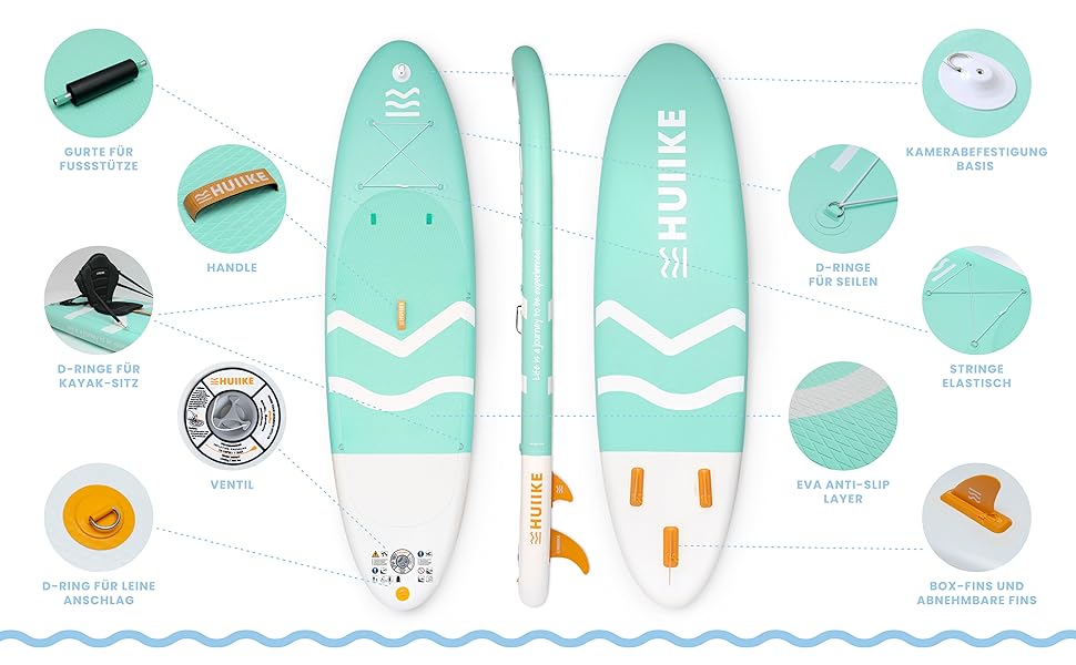 Надувний SUP-борд HUIIKE з аксесуарами: весло, фіни, насос. Стабільний та міцний, 305 x 84 x 15 см, до 130 кг