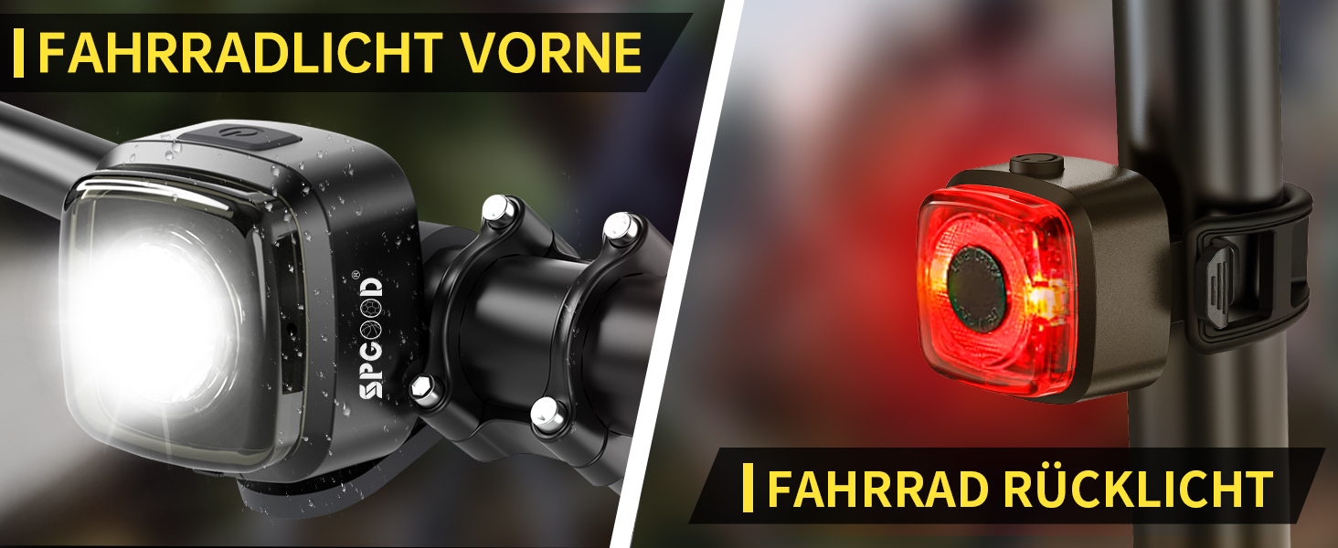 Велосипедні ліхтарі SPGOOD: комплект переднього та заднього ліхтаря, USB-C, водонепроникні (IPX5), сертифіковані StVZO