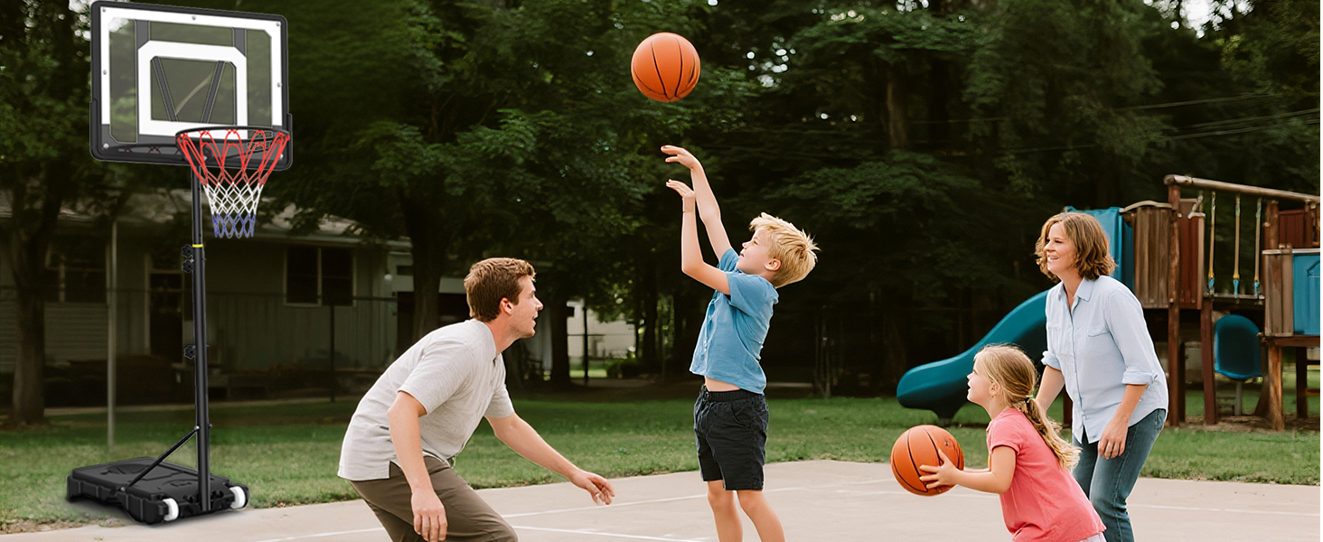Баскетбольний кошик для вулиці, дитячий, регульована висота 150-210 см, стійка з міцною задня стінкою 80x60 см, збільшена база та колеса, чорний