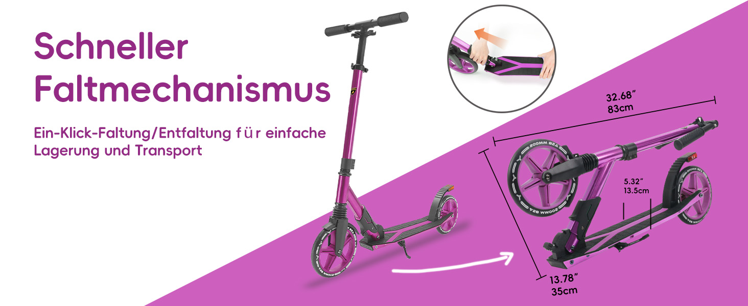 Скутер Lamborghini Tretroller Cityroller з великим колесом, складний, регульована висота, для дорослих та дітей, з підставкою, передньою амортизацією та гальмом на задньому колесі, до 100 кг (фіолетовий)