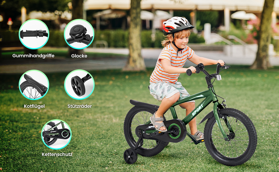 Дитячий велосипед BODIOO 12 дюймів, з регульованим сидінням, двома гальмами, підставкою, відбивачем та бризговиком, 84-97 см (Зелений)