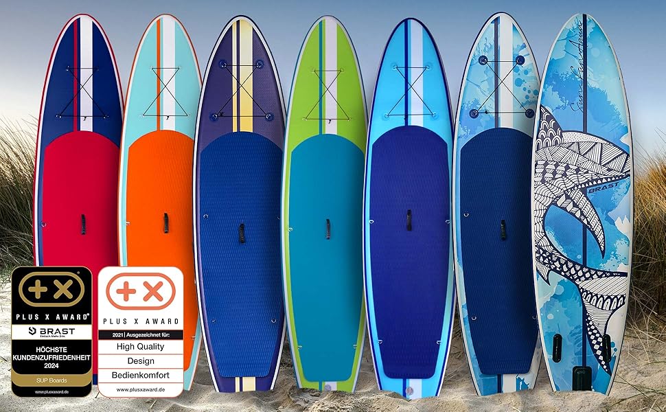 Надувний SUP Board BRAST Shark | Комплект для станд-ап паділбордингу | 320x81x15 см | 8 дизайнів | 5 років гарантії | з аксесуарами | 2в1: SUP Board та каяк | тримач для Action Cam, ланцюг для ніг, насос, рюкзак | Колір: блакитний