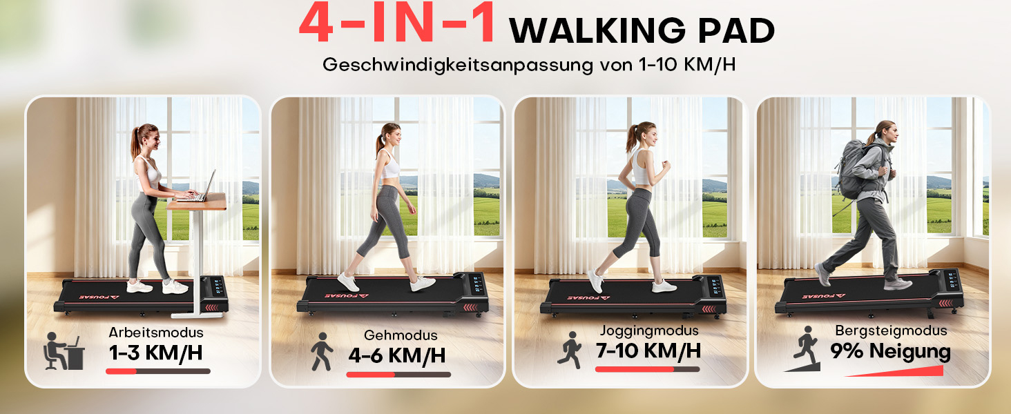 Бігова доріжка Walking Pad для дому з нахилом 9%, потужність 2.5HP, швидкість 1-10 км/год, LED-дисплей, 12 програм, до 150 кг (Чорно-червона)