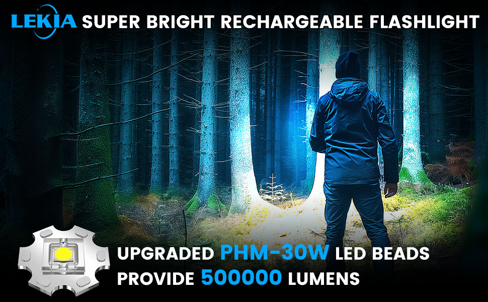 LED ліхтарик LEKIA PHM-30W: 500000 люменів, USB-C, військовий, 5 режимів, IPX6, Zoom, для кемпінгу та надзвичайних ситуацій