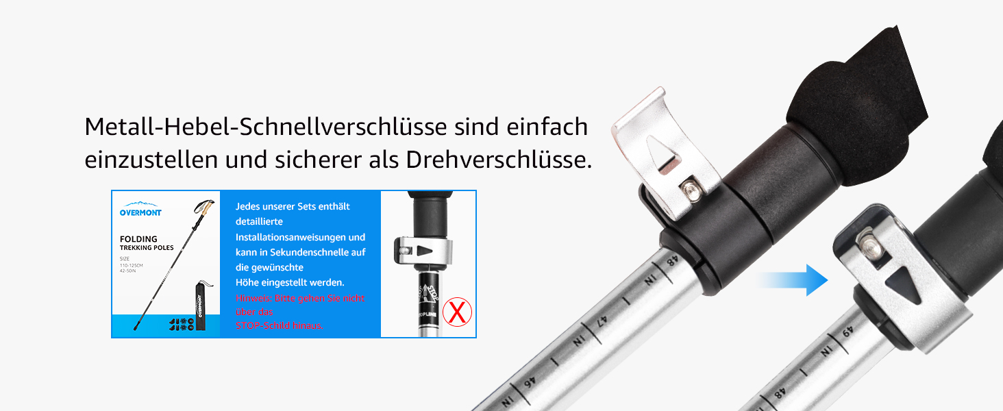 Туристичні палиці Overmont карбон, надлегкі складні регульовані 105-125 см трекінгові палиці Палиці для скандинавської ходьби 1 пара з усіма аксесуарами для бездоріжжя (7075 алюміній, сірий)