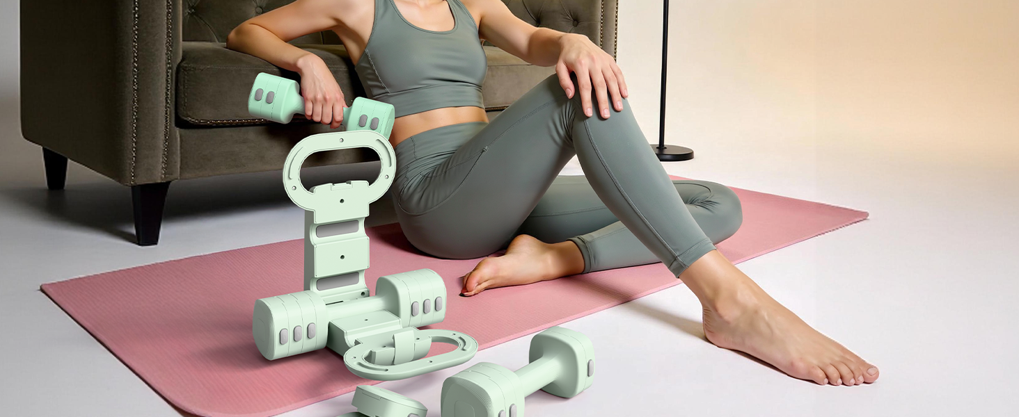 Набір гантелей 2-в-1: регульовані гантелі та м'ячики-гантелі, 4 ступені зміни ваги (1-2.5 кг), для жінок, домашні тренування, з антиковзаючим кріпленням. Зелений колір.