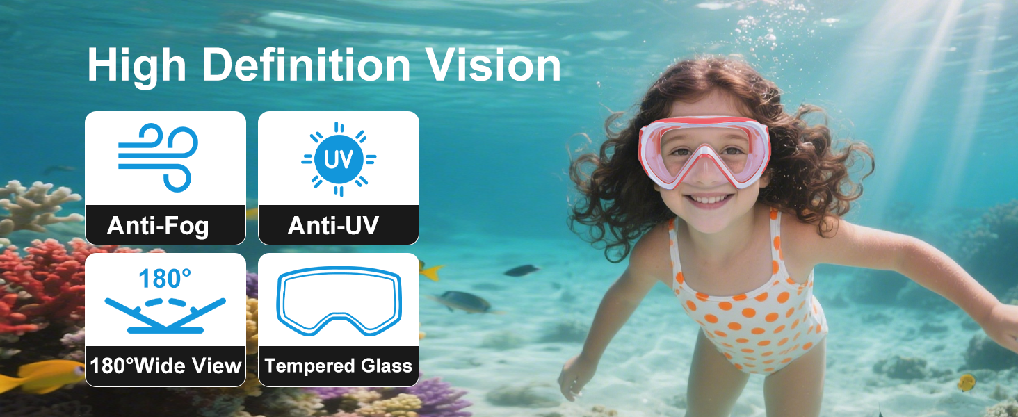 Дитячі маски для снорклінгу Kinder з трубкою, 180° панорама, проти запотівання, для дітей 4-16 років (рожевий)