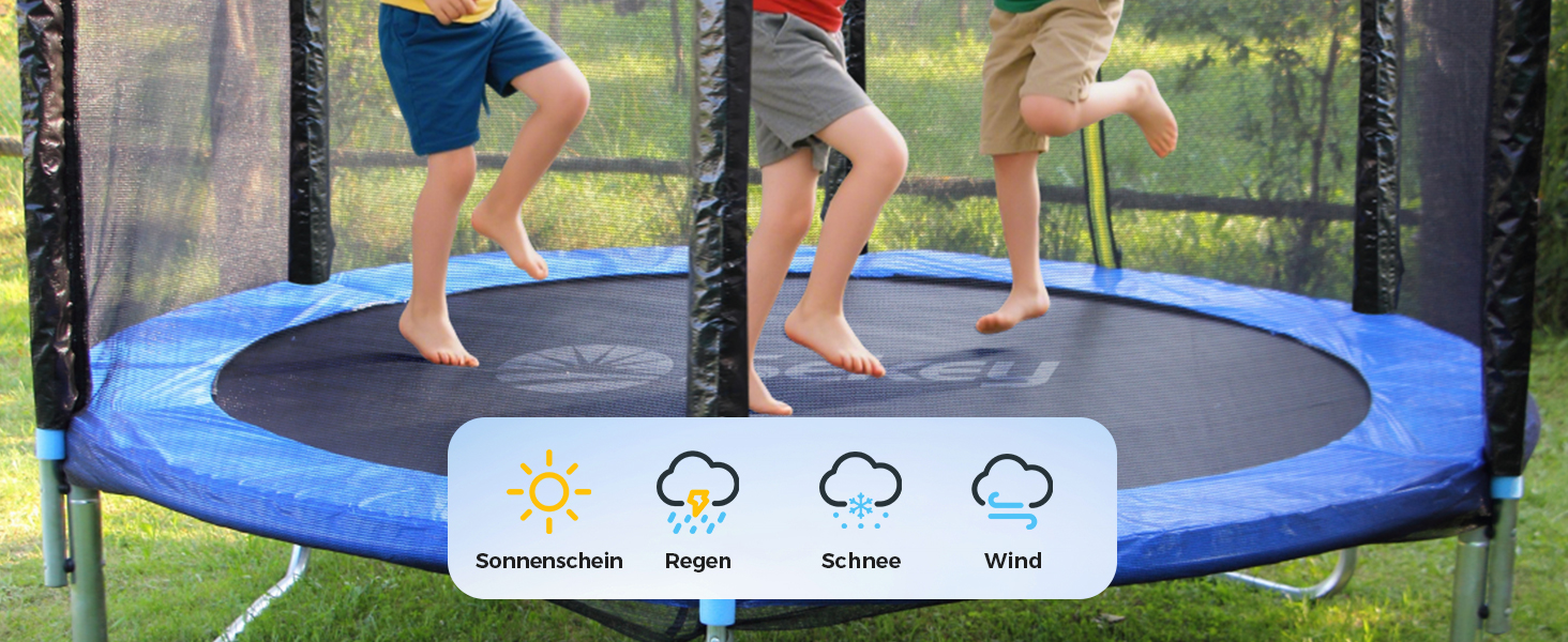 Батут Sekey Outdoor 244/305/366 см - сертифікований TÜV Rheinland GS, дитячий, для саду, з безпечним мотузковим драбиною, посиленим захисним сіткою та захисним бортиком, блакитний (305 см/10 футів)