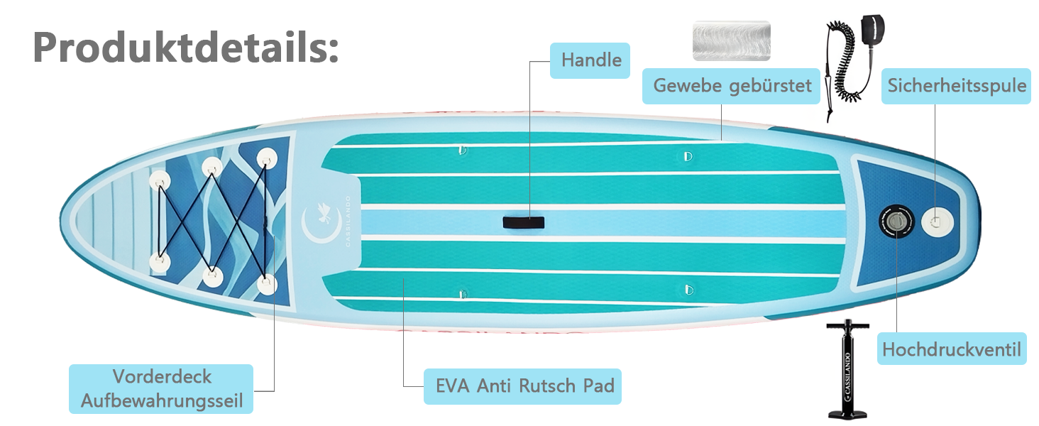 Надувний SUP дошка CASSILANDO Stand Up Paddle Board 335 см з аксесуарами та сумкою для перенесення, для йоги, риболовлі, серфінгу, підходить для дорослих та підлітків, з імітацією текстури дерева, колір м'ятно-зелений