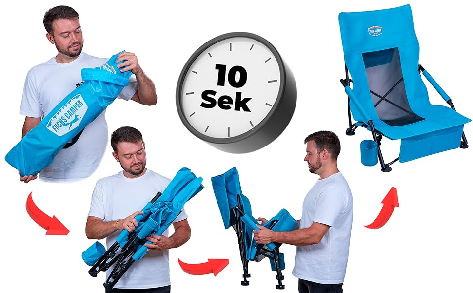 Крісло для кемпінгу Fuchs Camper Strandstuhl – складане, з високою спинкою та сітчастою тканиною. Зручне для відпочинку на пляжі та кемпінгу. Має тримач для напоїв та кишеню. Міцне (до 150 кг), чорне та синє (1 шт.)