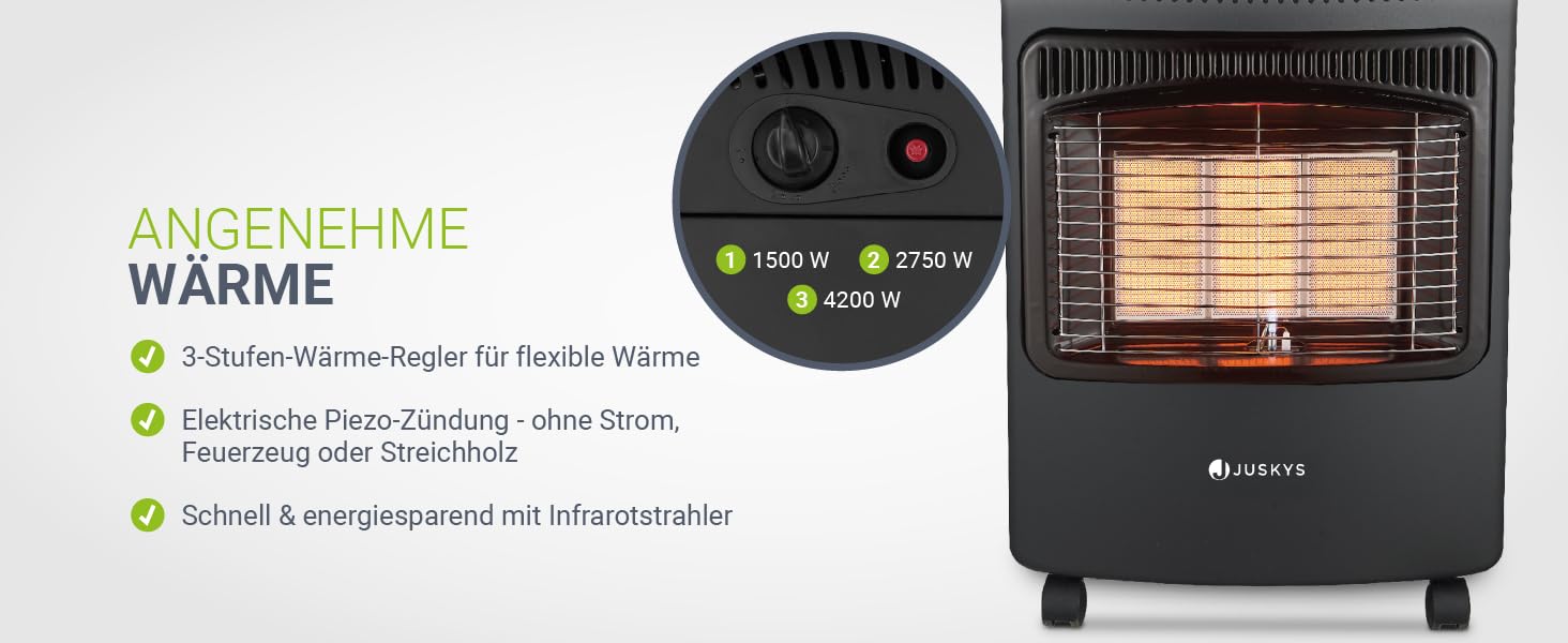 Газова обігрівач Juskys® GS42US чорного кольору - 4200 Вт з регулятором тиску та шлангом. Мобільний, ефективний та економічний газовий нагрівач/піч/обігрівач