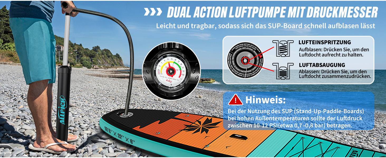 Надувний SUP-борд ALLPICK Premium Set: Комплектація для початківців та досвідчених, з кріпленням для камери, регульовим веслом, 200 кг, для відпочинку на пляжі (зелений)